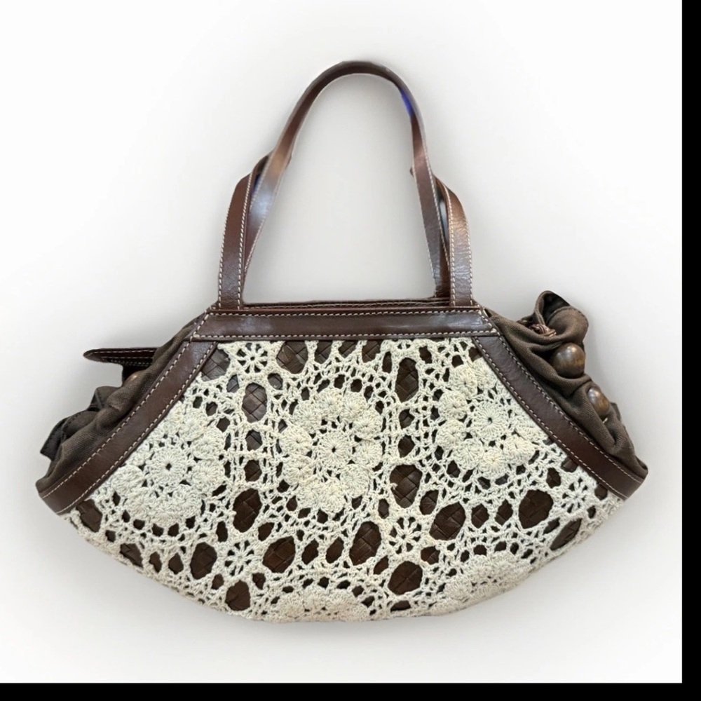 Savoy Boho Crochet Brown Leather Shoulder Bag Tote Purse Retro Chic